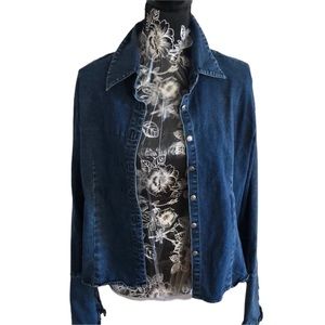 D STUDIO vintage XL dark denim button up shacket wide slit cuffs ruffle detail